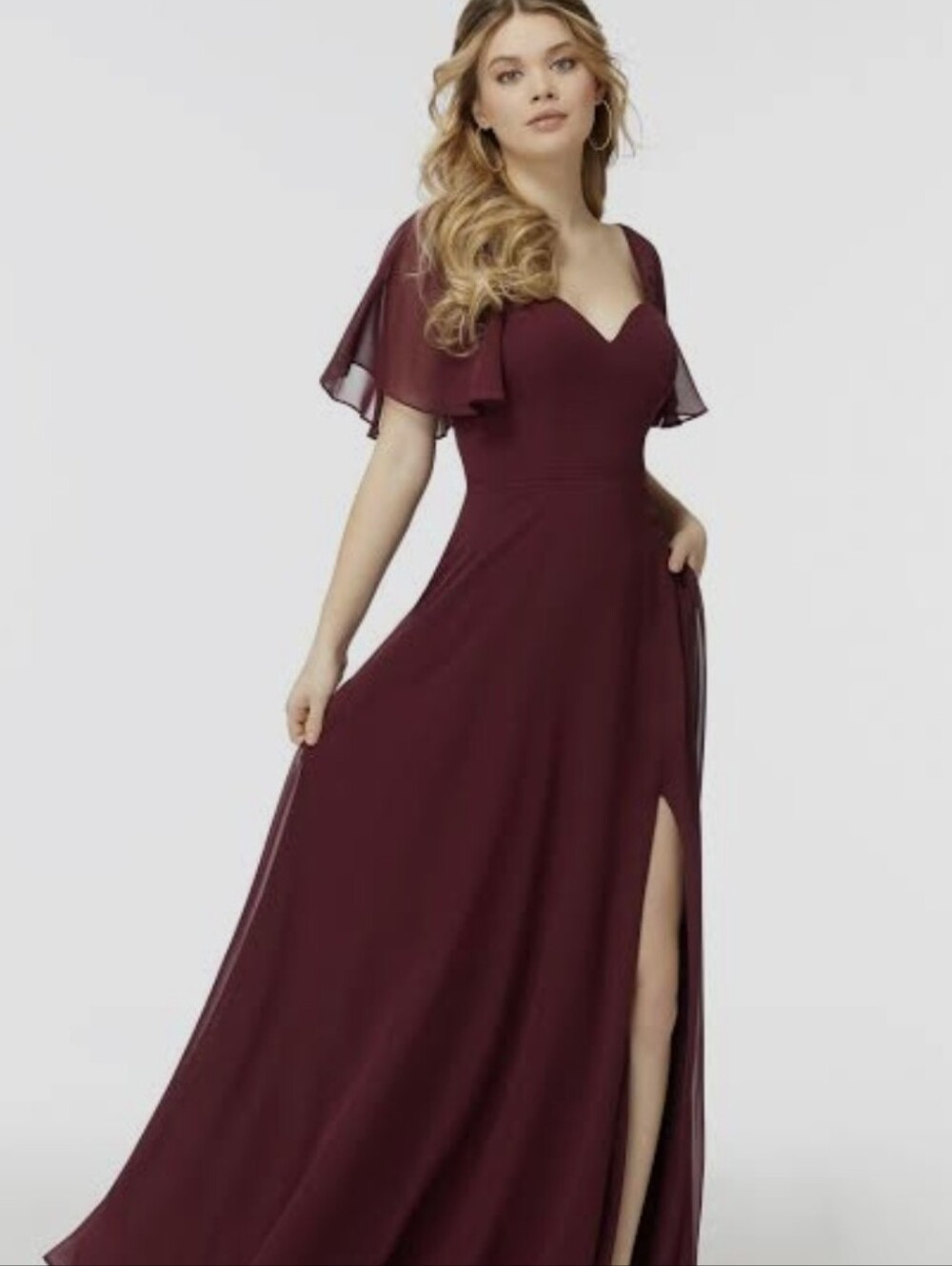 Flutter-Sleeve Maxi Dress in Burgundy